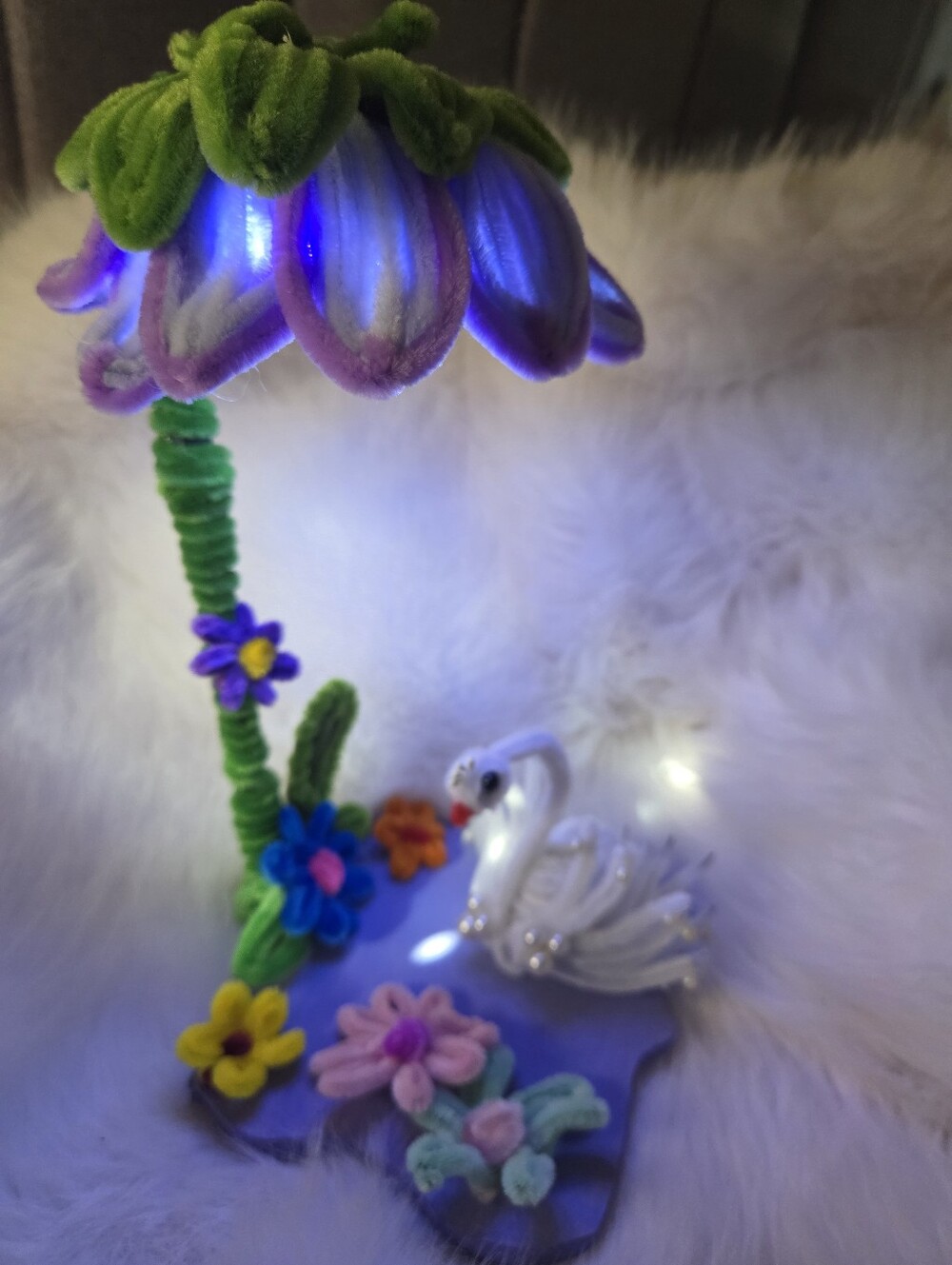 Handmade Floral Swan fairy Light Purple & Green Chenile Flowers Cover The Base - Picture 5 of 5